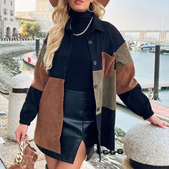 Multicolor Casual Womens Cut And Sew Drop Shoulder Corduroy Coat - Picture 4 of 5